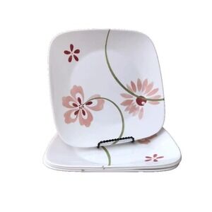 Set Of 4 Corelle Pretty Pink Vitrelle Square White 10.25" Large Dinner Plates